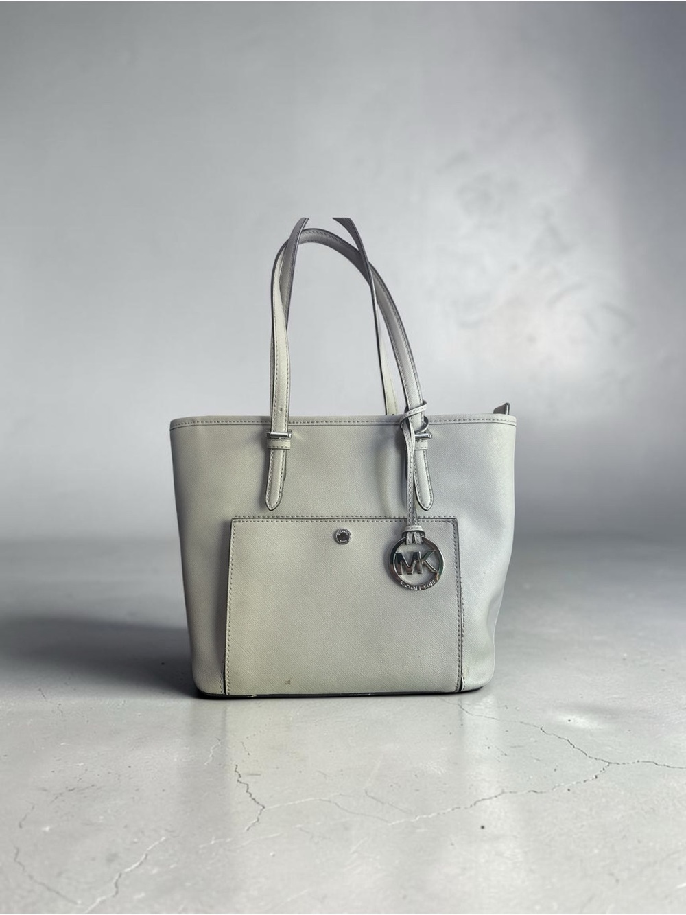 Michael Kors Light Gray Saffiano Leather Tote with MK Charm